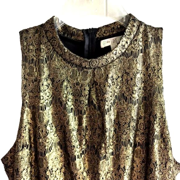 Elegant Gold Lace Sleeveless Size L Shimmer Metallic Holiday Cocktail Dress #C - Picture 5 of 10